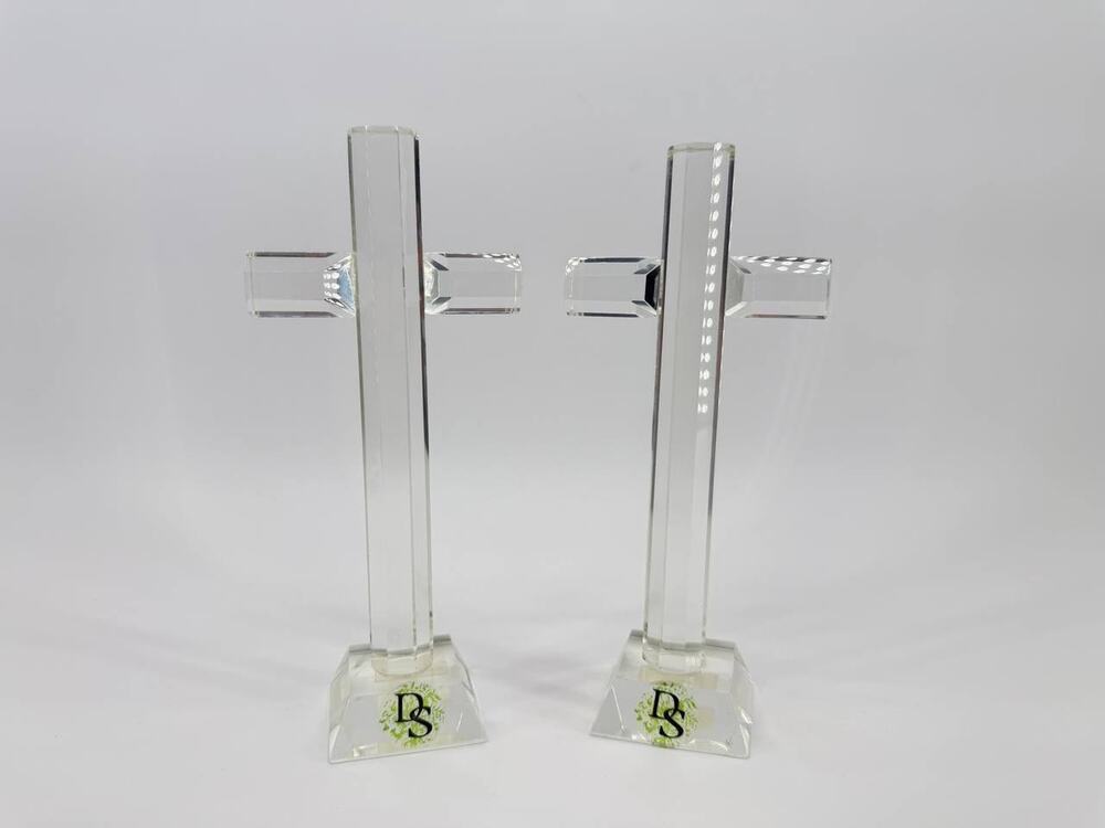 Crystal Christian Cross Figurines Set 2 Clear Glass Religious Decor 1.00 lb